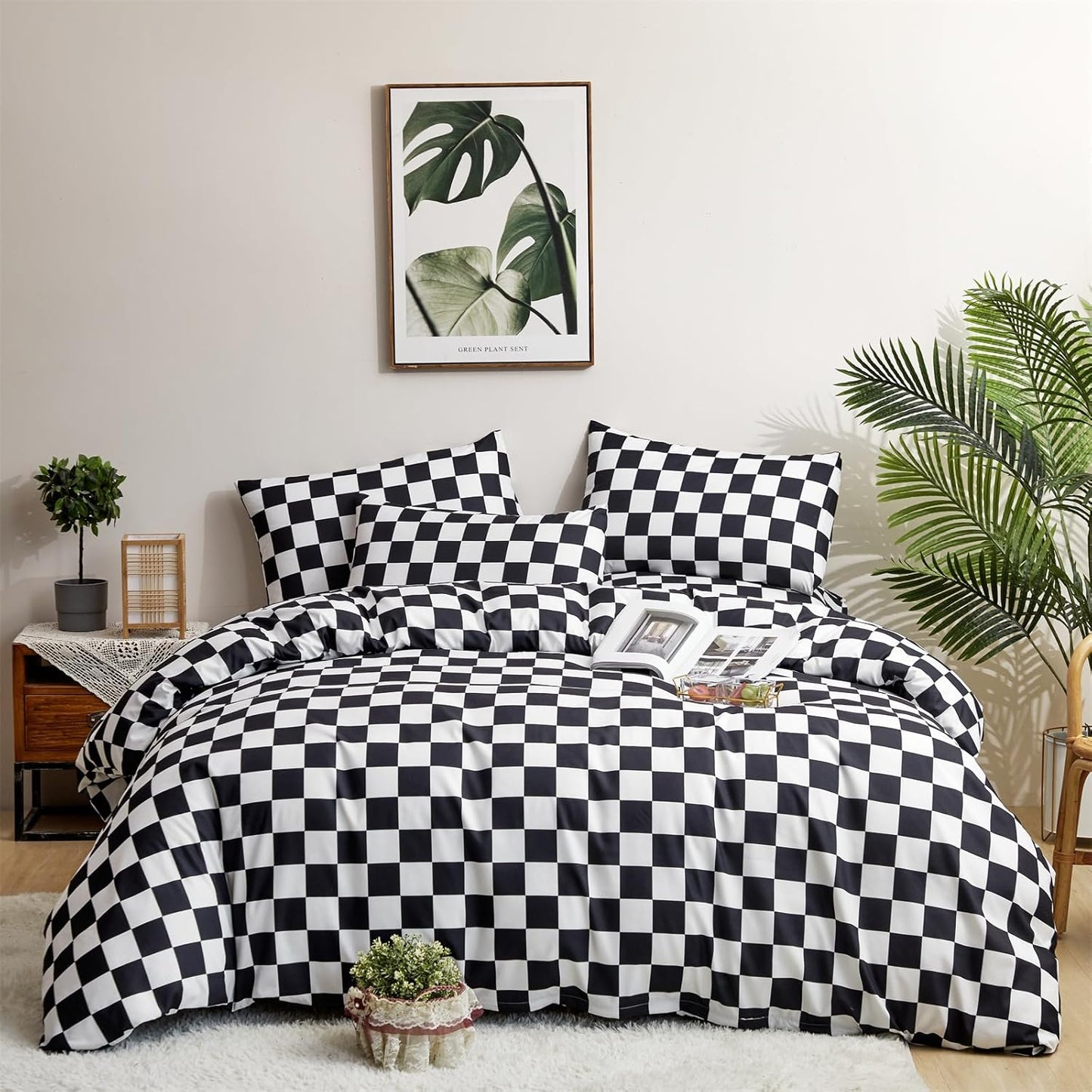 White Black Plaid Duvet Cover Set