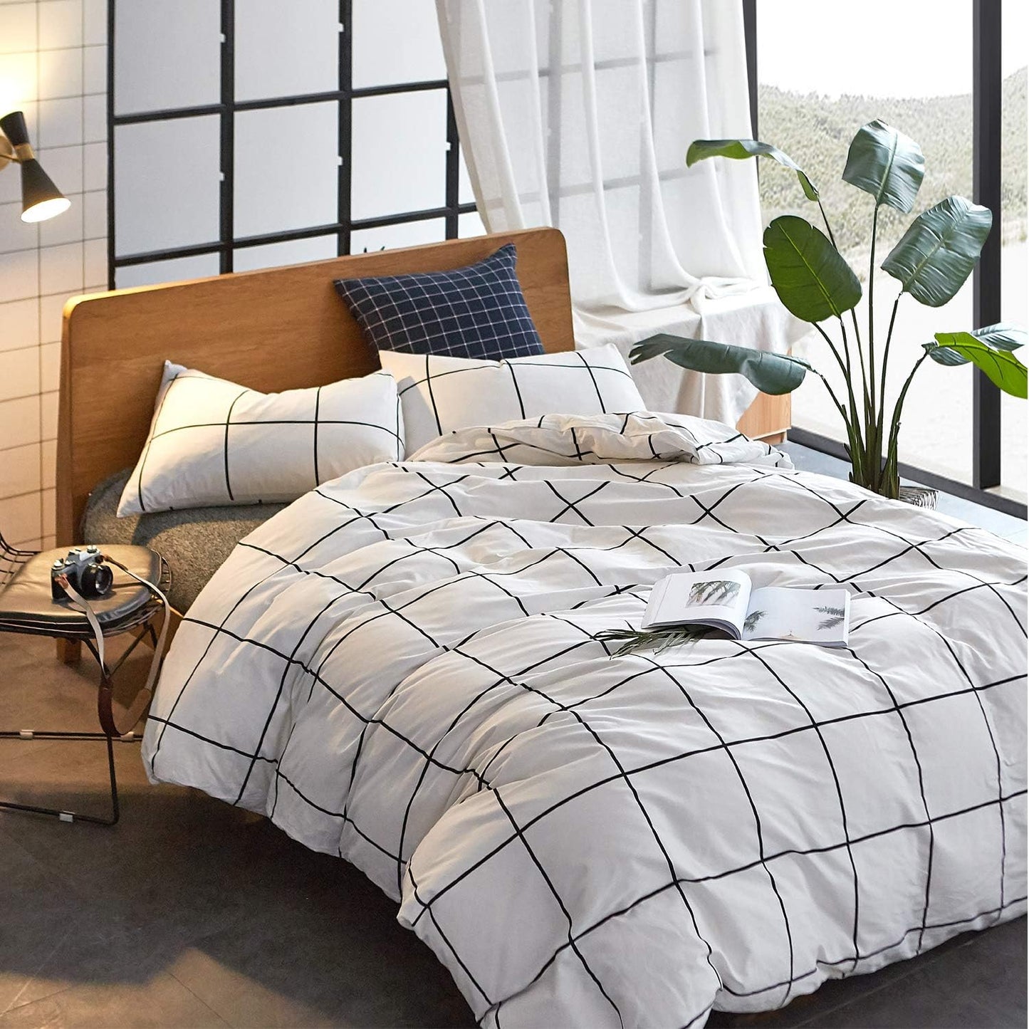 White Black Plaid Duvet Cover Set