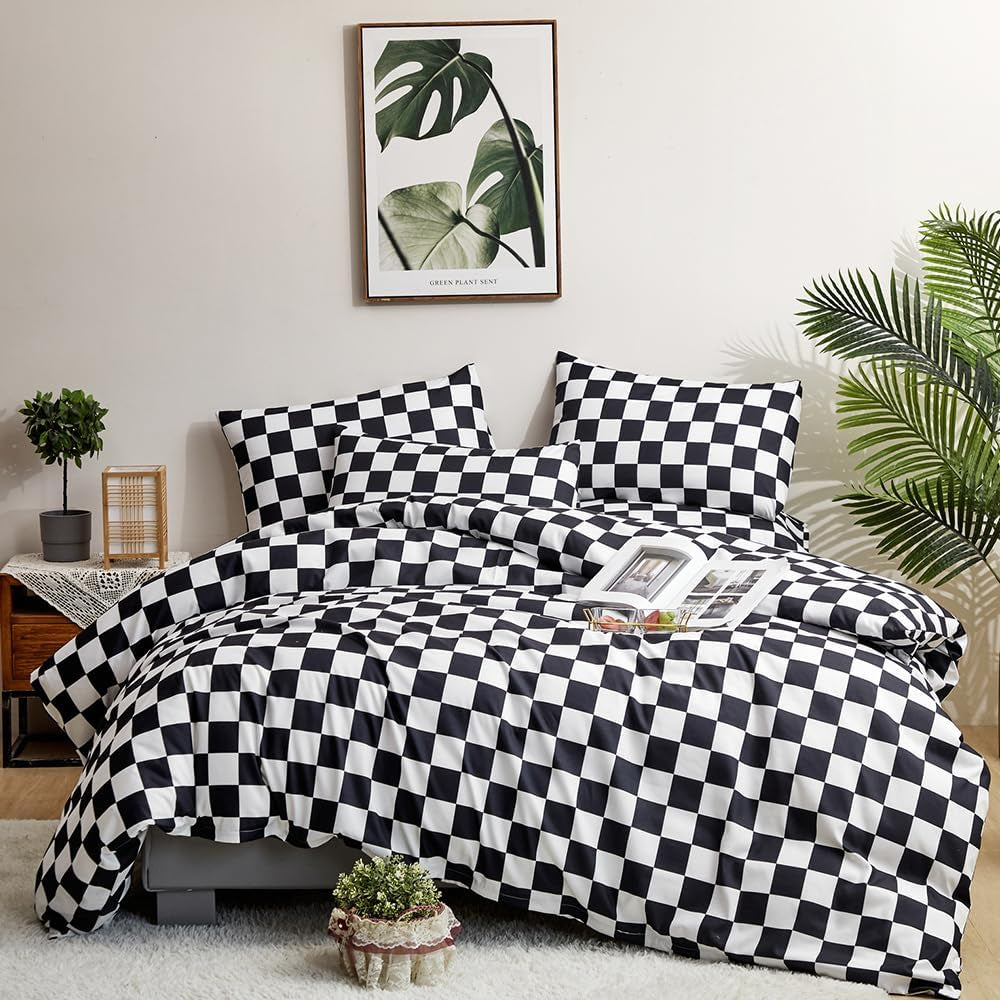 White Black Plaid Duvet Cover Set