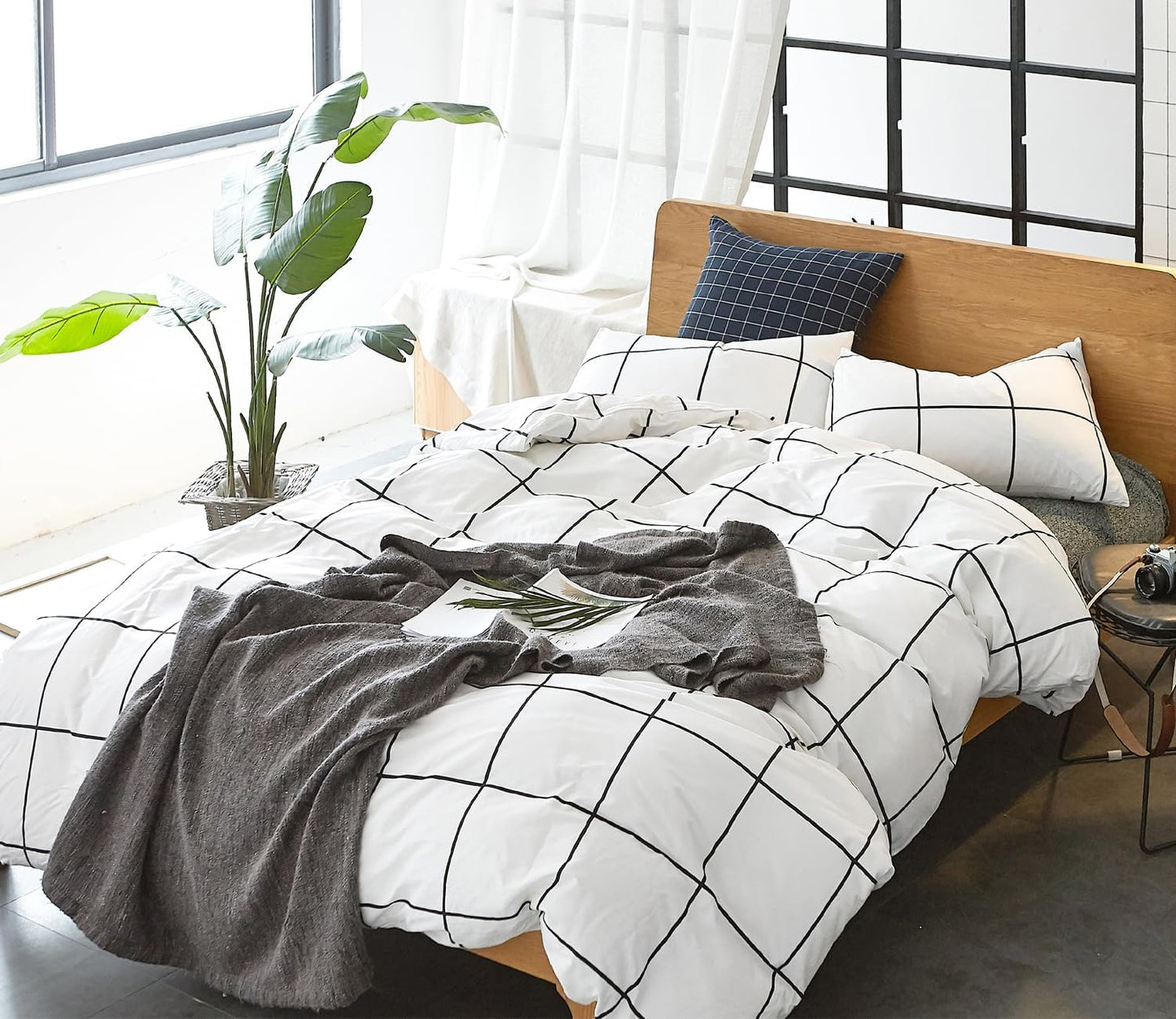White Black Plaid Duvet Cover Set
