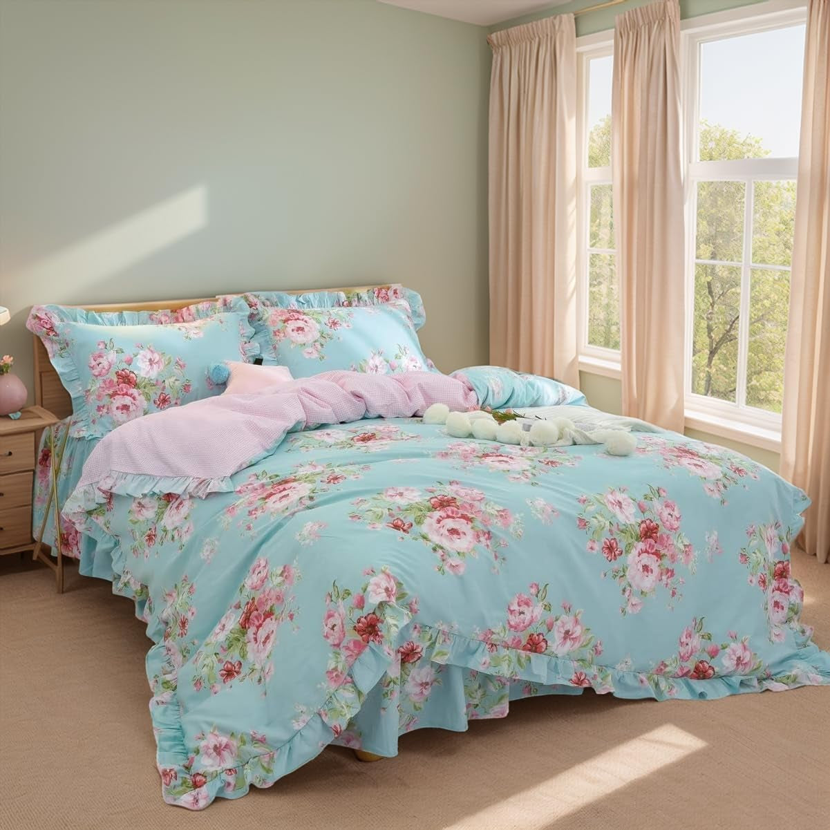 Combed Cotton Teal Farmhouse Bedding Set